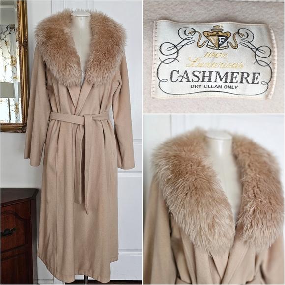 Jackets & Blazers - Vintage 100% Luxurious Cashmere Elegant  Cream Coat Robe, Detachable Fur Collar